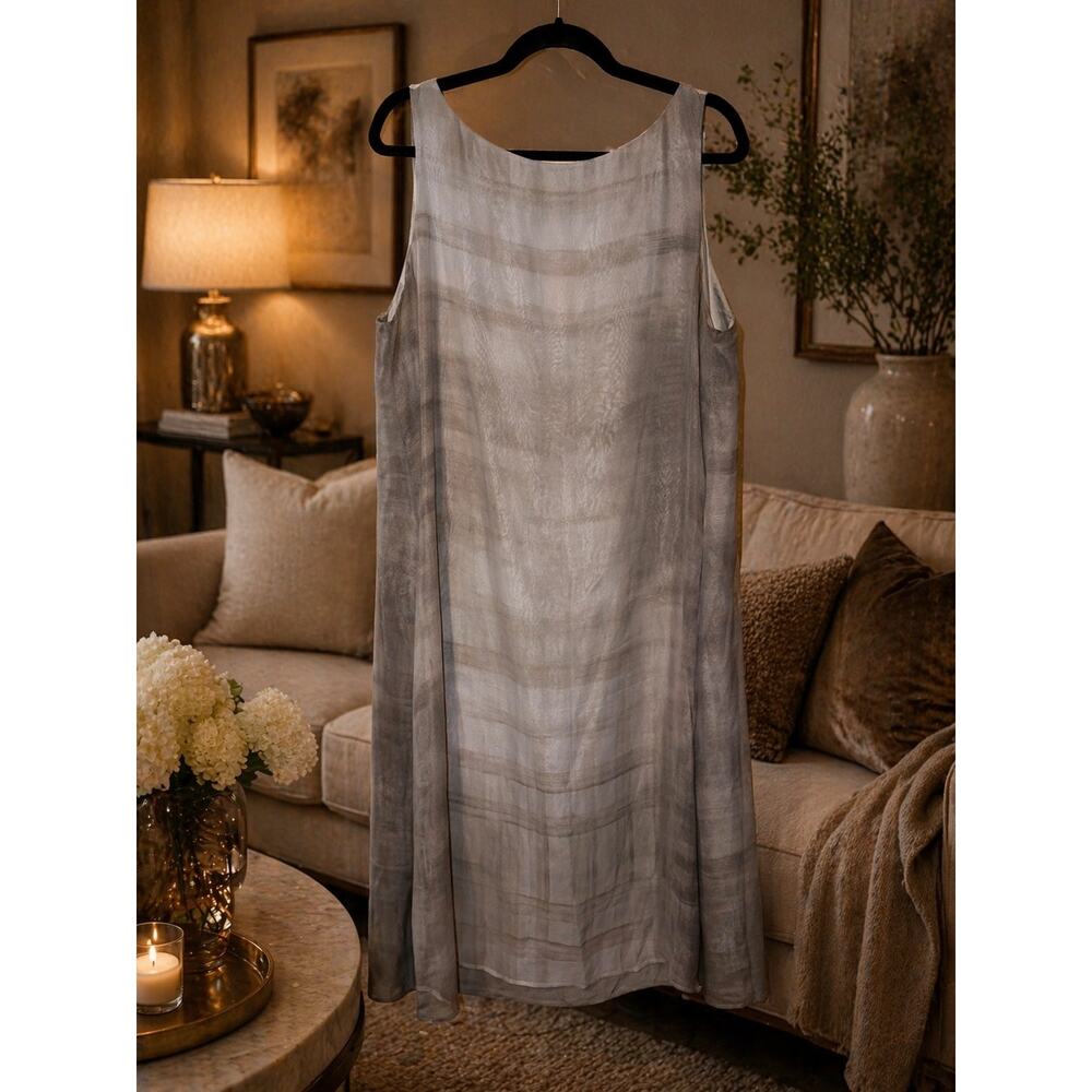 Eileen Fisher 100% Silk Gray Midi Shift Dress Sleeveless Large Quiet Luxury Chic